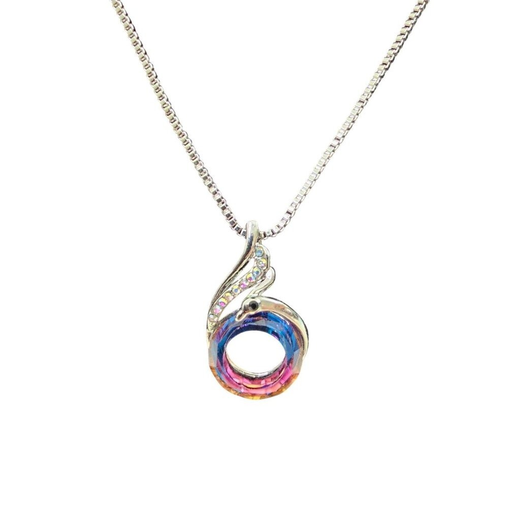 Phoenix Bird Blue Crystal Pendant Necklace Silver‎ Tone Box Chain Rebirth Hope
